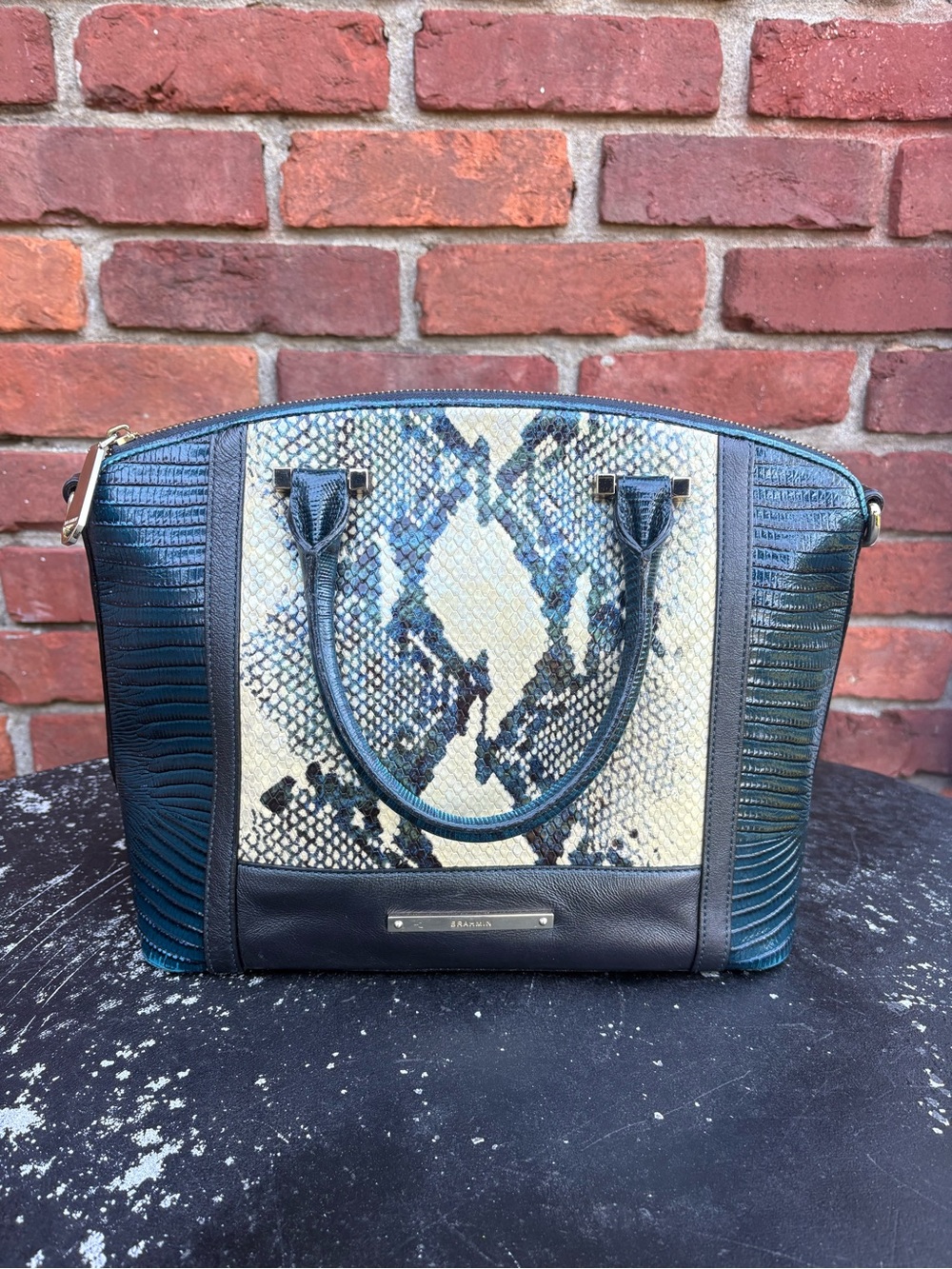 Brahmin Duxbury Leather Satchel Tri Texture Design.Dark Blue/Teal, Python,Black.